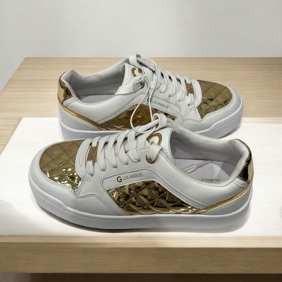 Guess Women’s Quilted Gold & White Leather Sneakers Size 10 New - Picture 4 of 6
